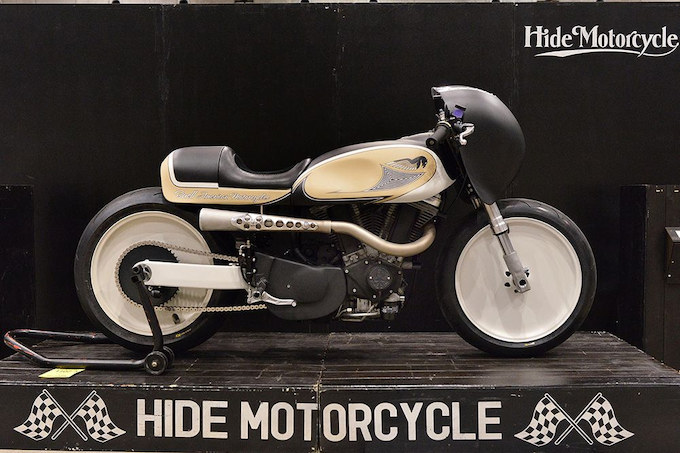 HIDE MOTORCYCLEが持ち込んだBUELLカスタム。異様なまでのフォルムを身に纏ったこのマシンは会場でも唯一無二の存在感を放っていた。